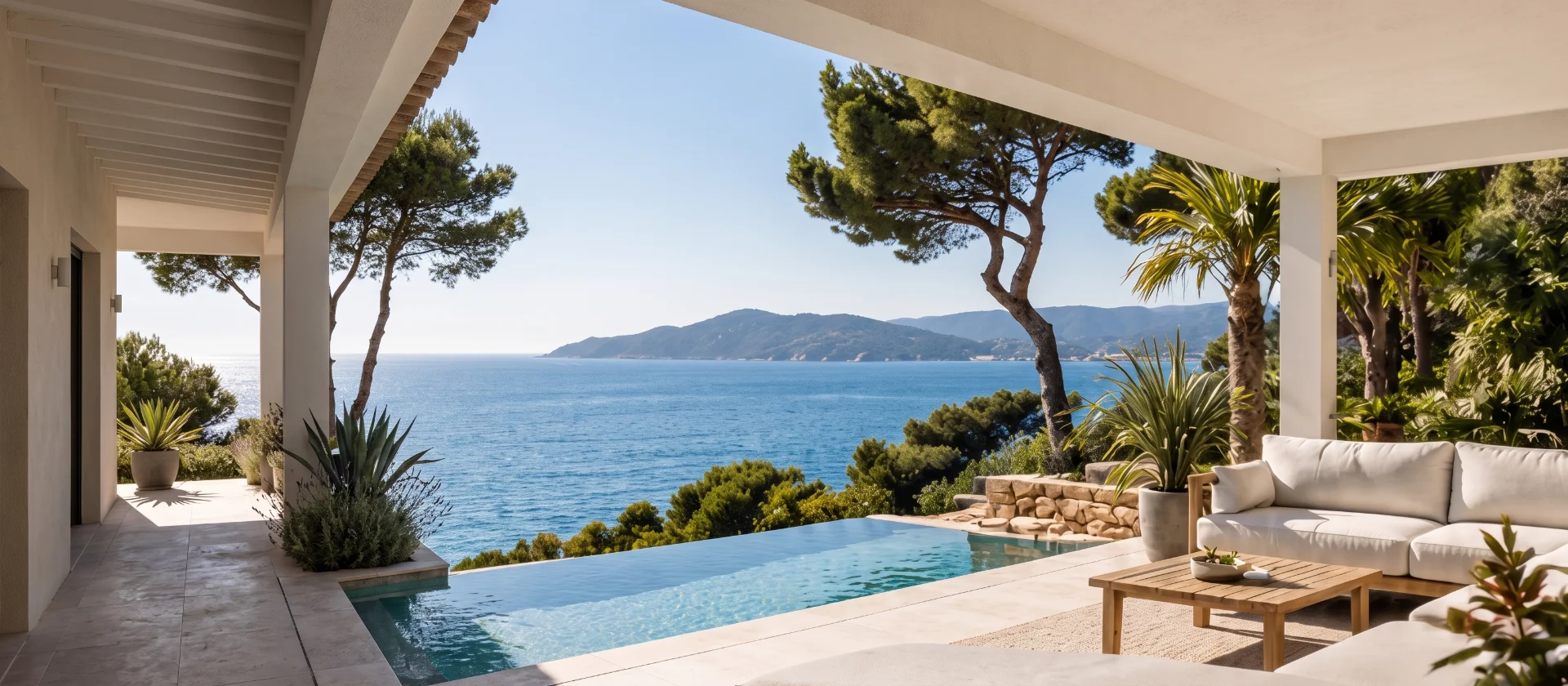 Terrasse de villa avec piscine à débordement et vue mer dans le Var, gérée par la conciergerie Cesc Riviera à Hyères