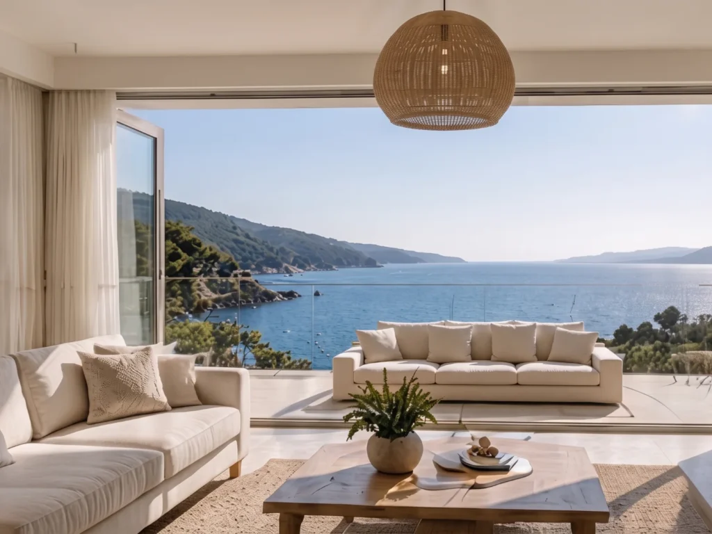 Salon avec baie vitrée et vue mer d’un T3 à Carqueiranne géré par la conciergerie Cesc Riviera
